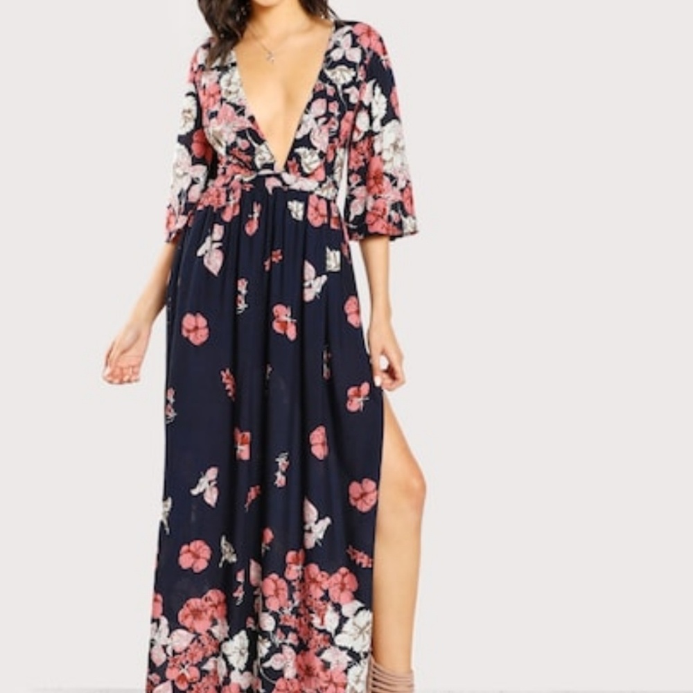 Low Plunge, Side Slit, Lace Up Back Maxi Dress